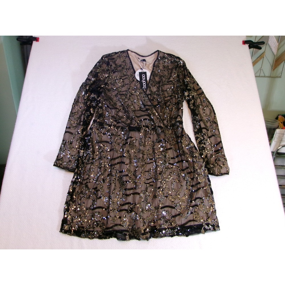 Boohoo Womens Sequin Wrap Mini Dress Black Gold Long Sleeve V-Neck Size‎ 16 NEW